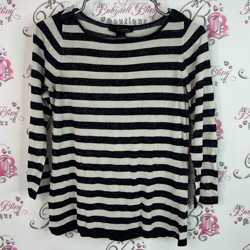 Liz Claiborne long sleeve sparkly Black and White Striped Long Sleeve Top